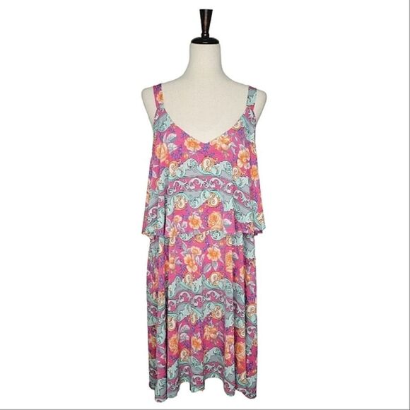 Watermelon Pink Floral Scoop V-neck Yoke Detail Sleeveless Dress Size 1X - Picture 1 of 8